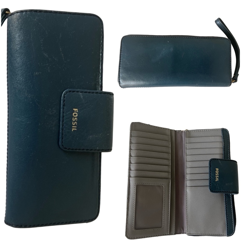 Fossil Blue Leather Wristlet Wallet Women’s Clutch Purse Zip Around Snap Card